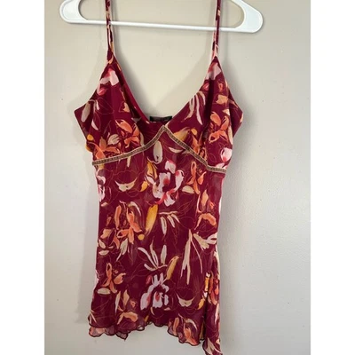 Y2K  RAG Burgundy Floral Print Sheer Slip Top Cottagecore Whimsical Whimsigoth - Image 1 of 4