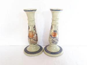 Vintage Pair of Satsuma Asian / Oriental Candle Holders w/ Bird & Floral Design - Picture 1 of 16