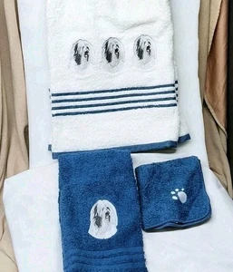 3 Piece Tibetan Terrier Dog Embroidered Bathroom Towel Set White & Blue NEW - Picture 1 of 4