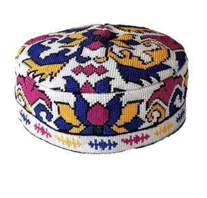 UZBEK IROQI TRIBAL HAND EMBROIDERED SILK HAT - UNISEX - APPROX 23.25 INCHES L/XL - Picture 1 of 5