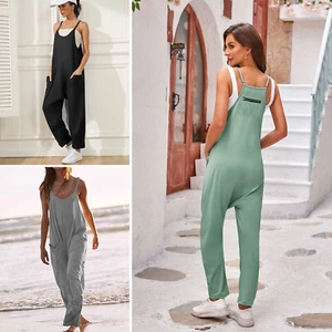 Women's Casual Sleeveless Jumpsuits Spaghetti Strap Loose Romper Long Bib Pants - Picture 1 of 49