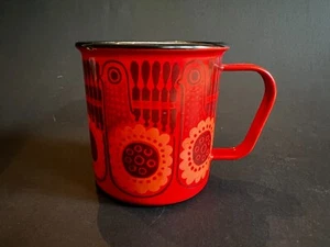 FINEL Red Lintu Bird Enamel Coffee Mug Cup Arabia Finland Vintage MCM Metal B - Picture 1 of 7