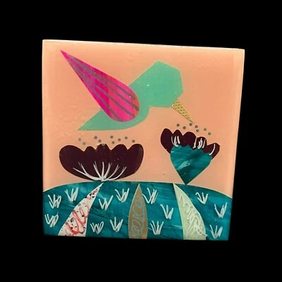 OOAK Lan Art and Design Hummingbird 4x4 block Picture paper collage original art - Изображение 1 из 4