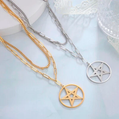 Collana a doppio catena acciaio ciondolo stella pentacolo stregoneria talismano  - Immagine 1 di 4
