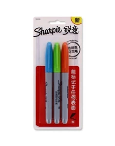 PACK OF 3 SHARPIE PERMANENT MARKERS Colours Blue/Green/Orange - Tatty packaging - Picture 1 of 2
