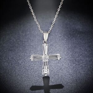 GORGEOUS 18 WHITE GOLD PLATED GENUINE CLEAR CUBIC ZIRCONIA CROSS NECKLACE 