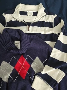 2 PC Boys 14 Sweater Pull Over Navy White Argyle Shawl Collar Striped Euc J Crew - Picture 1 of 4