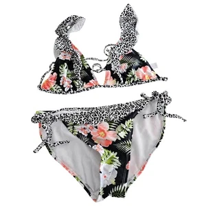 Set costume da bagno bikini donna No Boundaries taglia L floreale tropicale con bordo leopardato - Foto 1 di 5