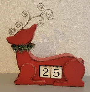 Christmas Countdown Deer MacKenzie Childs Style Red Farmhouse Rustic Blocks Wood - Picture 1 of 7