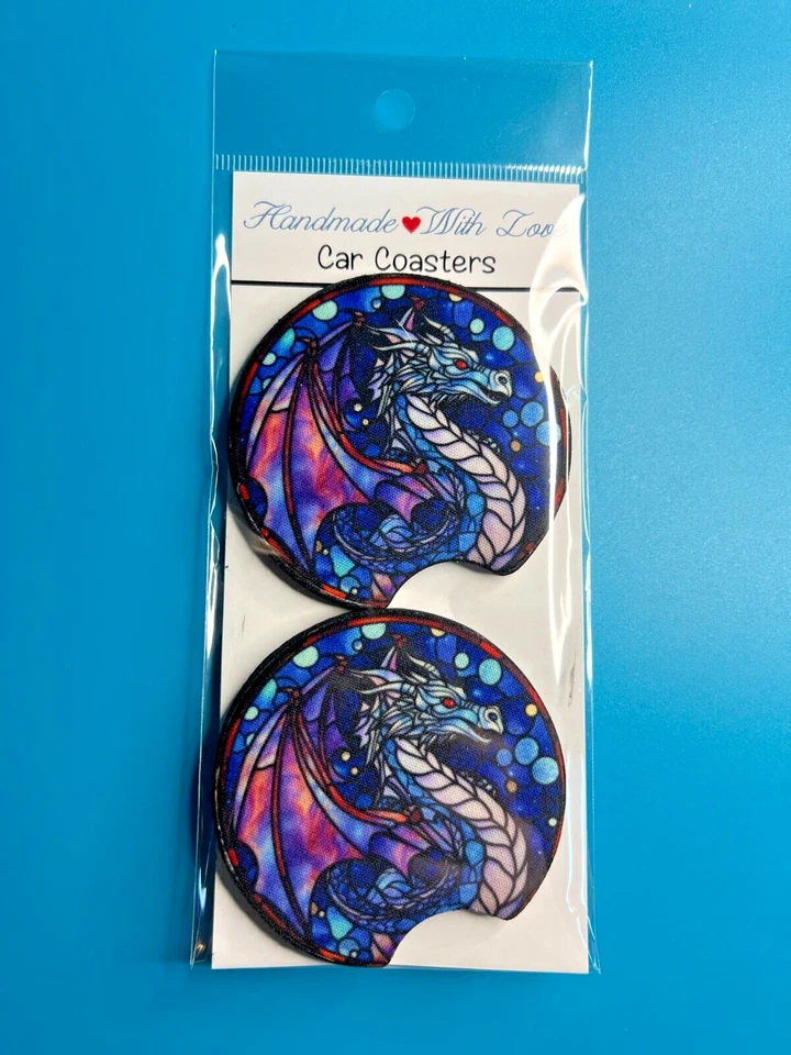 Juego de 2 Posavasos Coche Neopreno Sublimado Hechos a Mano Vidrieras Dragón Foto 1 de 1