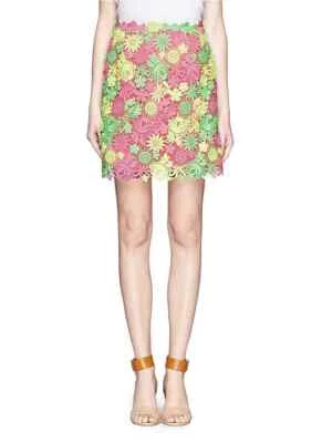 VALENTINO Lace Patches Floral Fluo Guipure Green Yellow Pink Mini Skirt 40 6 7 8 - Image 1 of 4