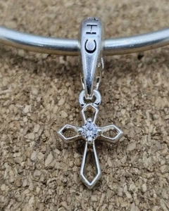 Authentic 925 Sterling Silver Cz Cross Faith Jesus European Dangle Charm Bead - Picture 1 of 2