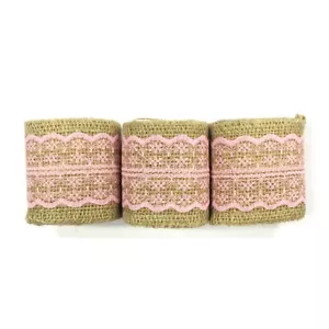 ® Hessian Burlap with Lace Ribbon 2.5 Inch Width x 2 Yards Length Set of 3 Pink - Picture 1 of 7