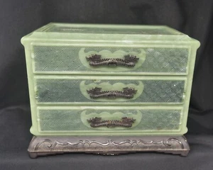 Vintage Jade Green Celluloid Asian Theme Dragon Handle Jewelry Box 7.5"W X 5.5"T - Picture 1 of 10