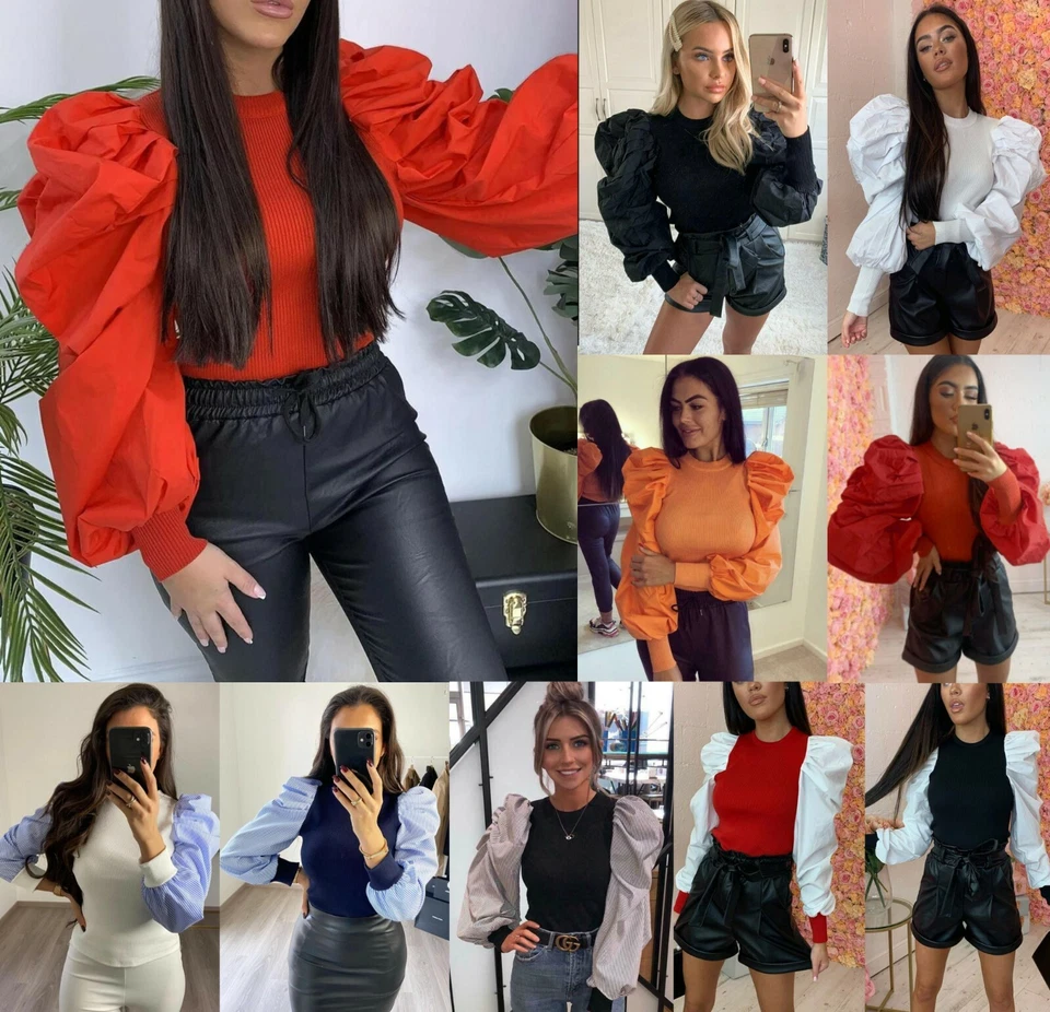 Womens Oversized Long Balloon Puff Sleeve Ribbed Jumper Ladies Blouse Shirt Tops - Image 1 of 1