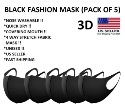 Fashion Face Mask  3D Black Mask / Washable & Reusable Black color ( Pack of 5 ) - Image 1 of 4