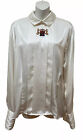 Vintage 90s High Neck Pleated Embroidered Crest French Cuff Blouse Top M L XL 