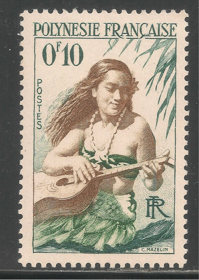 Французская Полинезия No182 (A24) хорошее состояние как новая VLH - 1958 10c девочка играет на гитаре  - Изображение 1 из 1