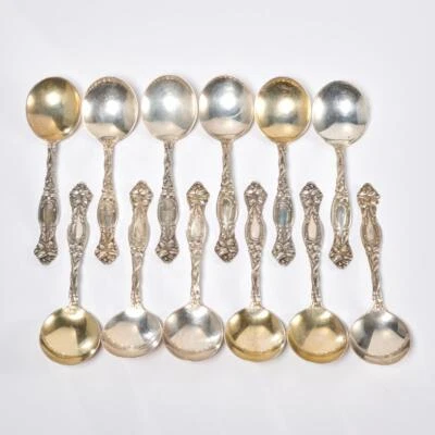 Cuchara sopera caldo redondo plateado Art Nouveau Simpson Hall Miller Frontenac 12 piezas Foto 1 de 4