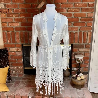 VINTAGE Festival Empire Long Cream Eyelet Sheer Trench Duster Jacket Cover S/M - Image 1 of 4