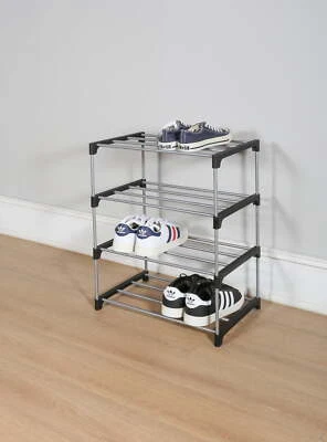 Zapatero de 4 niveles para 8 pares - negro/plateado, tubos de metal y conectores de plástico Foto 1 de 4