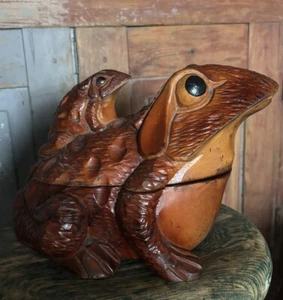 1980s Vtg Korean Large Hand Carved Wooden Frog Cigarette Box Meiji Okimono Style - Picture 1 of 18