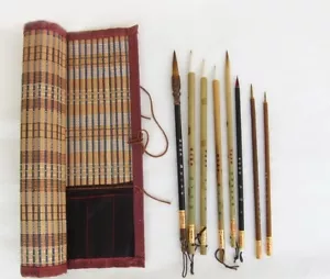 Chinese Calligraphy & Art Brushes 8 With Bamboo Woven Roll Storage Case - Picture 1 of 3