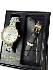 Ted Baker Womens Floral Watch With Gold Case & Extra Leather Strap - Picture 1 of 8