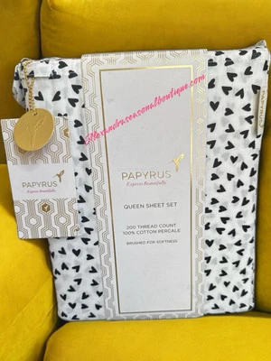 Valentine Day PAPYRUS QUEEN Sheet Set 100% Cotton Percale BLACK Heart New - Image 1 of 4