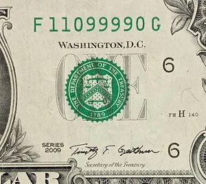F11099990G $1 Flipper Rotator Quad 9s Fancy Serial Number One Dollar Bill... - Picture 1 of 3