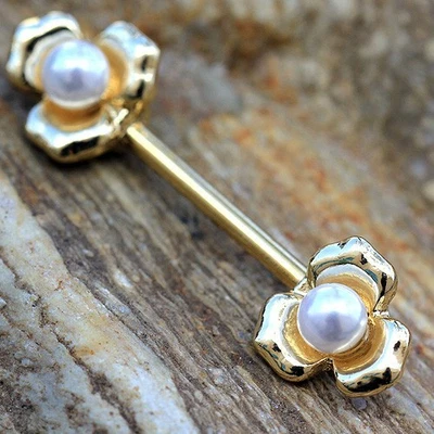 PAR de barra de pezón con flores acentuadas enchapadas en oro Foto 1 de 3