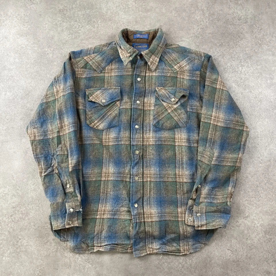 Pendleton Flannel Shirt Mens Medium Vintage Wool Plaid Western Button Up, Blue - Image 1 of 4