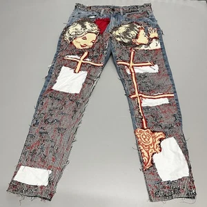 1098 Jeans Mens 34x32 Custom Patchwork Embroidered Art Denim Pants Unique Signed - Picture 1 of 20