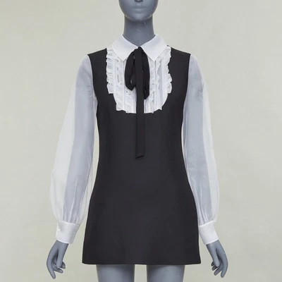 VALENTINO 2022 Crepe Couture black white wool silk ruffle bib neck dress IT38 XS - Image 1 of 4