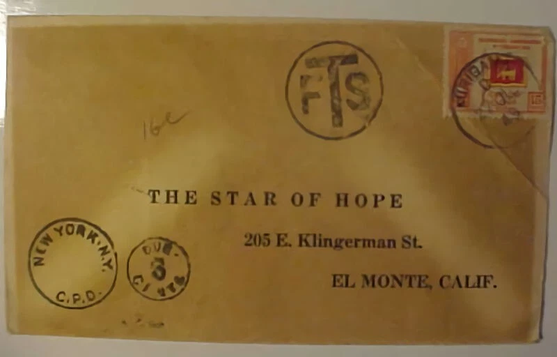 CEILÁN FRANQUEO DEBIDO SELLO MANUAL TONIFICADO 1945 A EE. UU. Foto 1 de 1