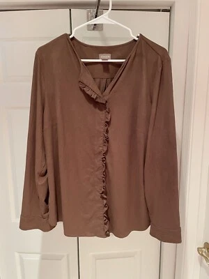NWOT Chico’s Faux Suede Ruffle Shirt Brown Long Sleeve Size L-2 Foto 1 de 4