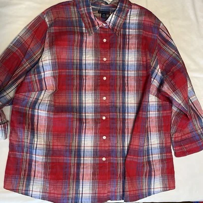 WESTBOUND WOMAN RED & DENIM BLUE CRINKLEPLAID 3/4 SLEEVE BLOUSE PLUS SZ 24W NWOT - Image 1 of 4