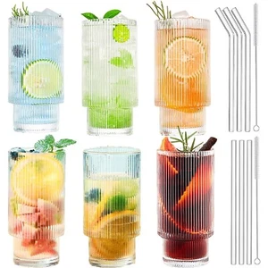 6Pack 16oz Ribbed Drinking Glasses Set w/ Glass Straw Brush Beer Iced Coffee Cup - Picture 1 of 8