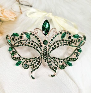 Butterfly Green Masquerade Mask, Wedding Party Gold Eye Mask, Crystal Party Mask - Picture 1 of 3