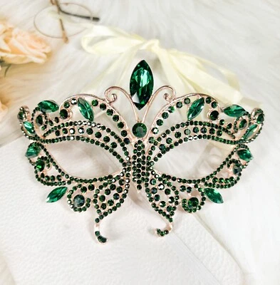 Butterfly Green Masquerade Mask, Wedding Party Gold Eye Mask, Crystal Party Mask - Image 1 of 3
