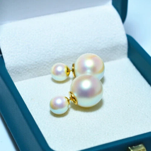 Aretes de doble cara blancos japoneses con placa de oro de 14k concha de Akoya Foto 1 de 4
