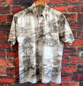 Men's Casual Hawaiian Style Shirt L Earth Tones Palm Trees Woodie Wagons - Picture 1 of 9