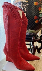 New Diesel Leather Suede Print Red 3”Wedge Boots Size 8 Made In Spain Very Rare - Picture 1 of 11