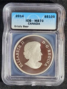2014 Canada $100 1 Oz Fine Silver Coin-Grizzly Bear ICG MS70 Elizabeth II T3844 - Picture 1 of 4