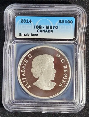 2014 Canada $100 1 Oz Fine Silver Coin-Grizzly Bear ICG MS70 Elizabeth II T3844 - Image 1 of 4