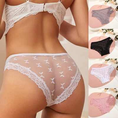 Solid Color Lingerie Low Waist Transparent Briefs Butterfly Lace Panties Comfort - Image 1 of 4