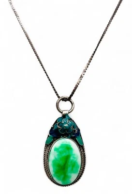 Vintage Chinese Glass Enamel Pendant w/925 Italian Sterling Silver Chain 18.09g - Image 1 of 4