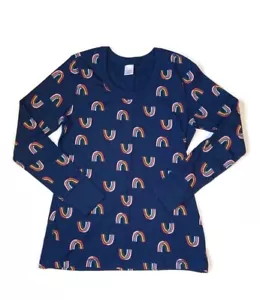 HANNA ANDERSSON WOMENS Large 12 14 NAVY BLUE RAINBOW SCOOP NECK PAJAMA TOP SHIRT - Picture 1 of 2