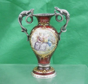 GORGEOUS ANTIQUE AUSTRIAN Vienna SILVER ENAMEL MINIATURE VASE FIGURAL LIZARD 19C - Picture 1 of 24