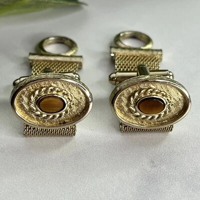 Винтажные сетчатые запонки Dante коричневый камень золотистый цвет - Изображение 1 из 4